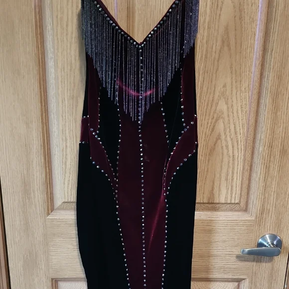 Strapless Johnathan Kayne Black and Burgundy Velvet Mini Dress with Metal Fringe - Picture 3 of 9